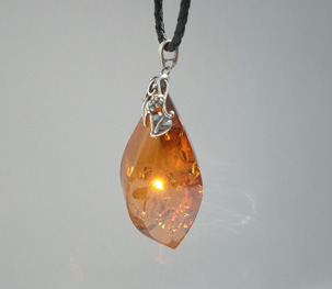 Ready made exclusive amber pendant made from real amber gemstone - amber pendant with leather cord and 925 sterling silver mount